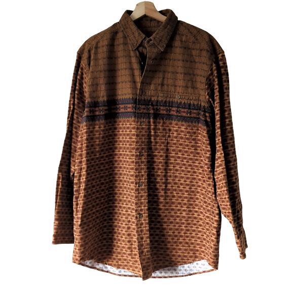 Woolrich Button Up Mens Large Shirt Brown Aztec Southwestern Cowboy Barn Cotton - Picture 1 of 7